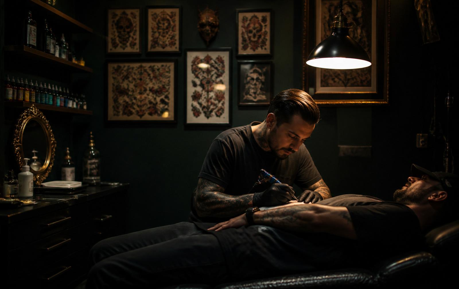 Tattoo artist at work in the studio