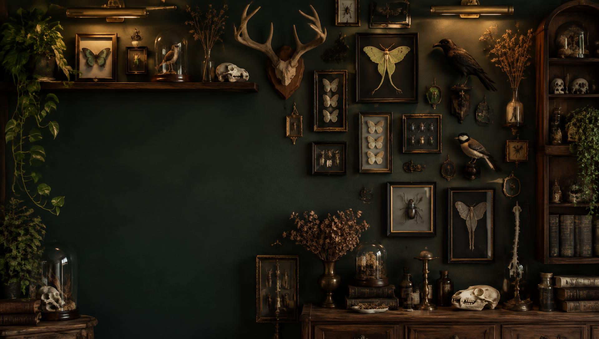 A dark forest-green curiosity wall with framed insects, taxidermy, and bones